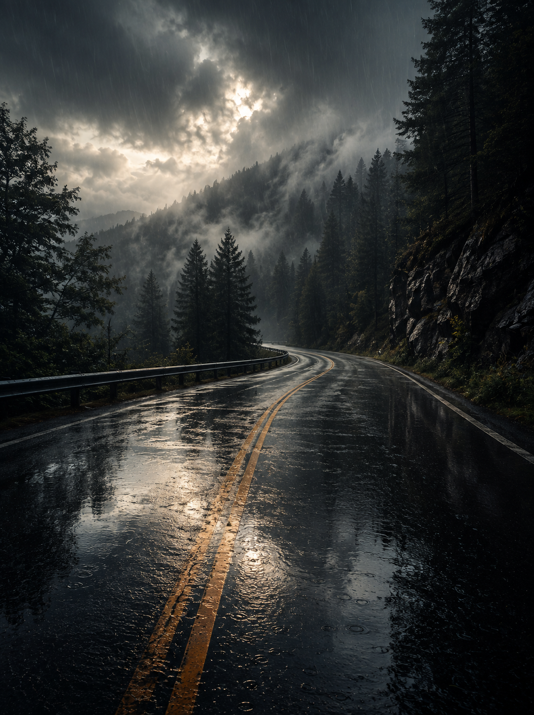 Dark rainy road continuing forward